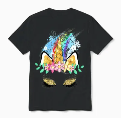 Einhorn Gesicht Regenbogen Frühling Ostern Blumen T-Shirt, White Unisex T-Shirt - Black