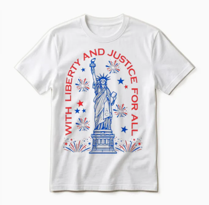 Retro Funny 4th of July with Liberty and Justice for All Unisex T-Shirt in White