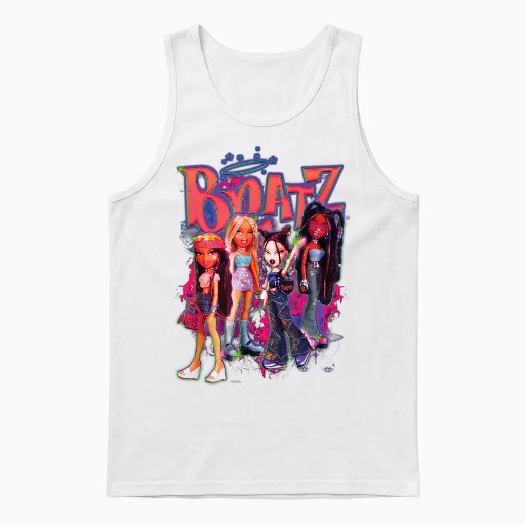 Bratz Girls on Neon Pink Fire T-Shirt, Black, S Unisex Tank Top in White