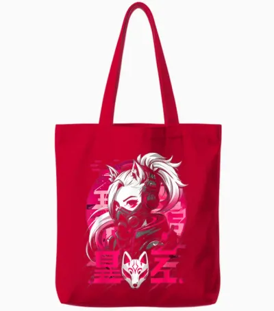 Anime Manga Cyberpunk Aesthetic Techwear Harajuku Kitsune T-Shirt, Black Tote Bags - Red