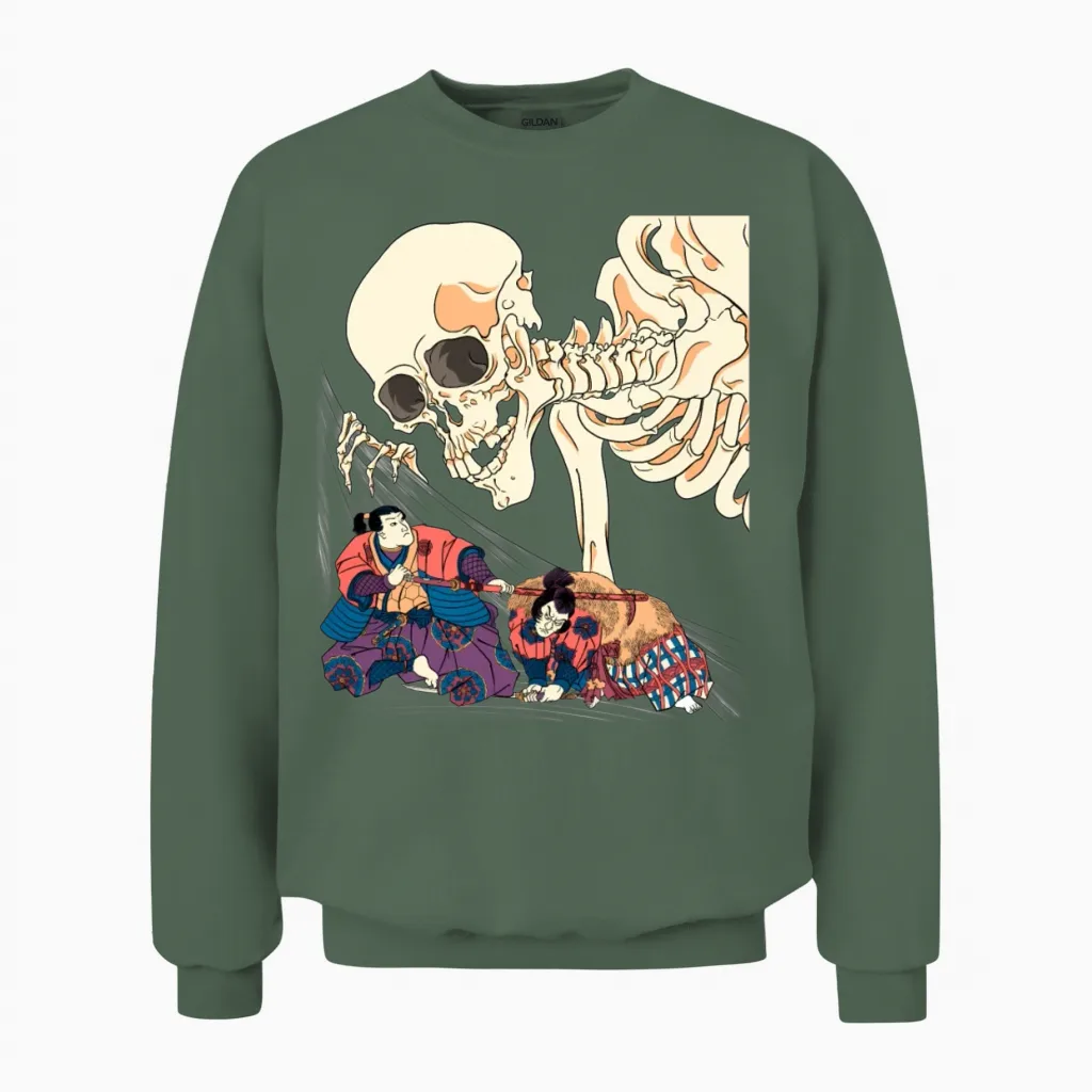 Kuniyoshi Samurai Killing Skeleton Spectre Ukiyo-E Unisex Sweatshirt in Military Green