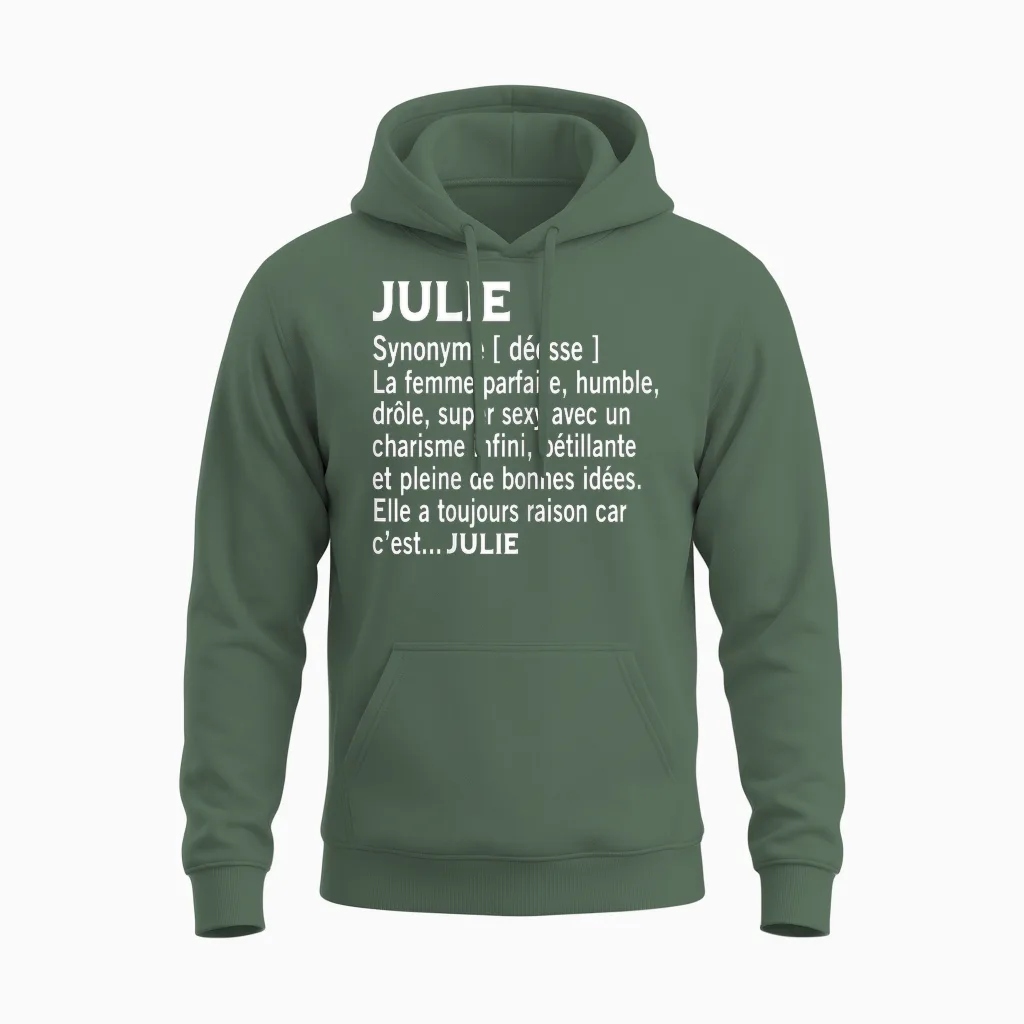 Woman Humour Gift Personalized Name Julie Definition T-Shirt, Black, Female X-Small Unisex Hoodie in Military Green