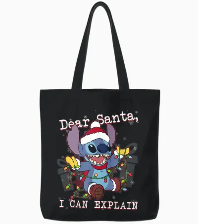 Disney Lilo & Stitch Christmas Dear Santa, I Can Explain Short Sleeve Tote Bags - Black