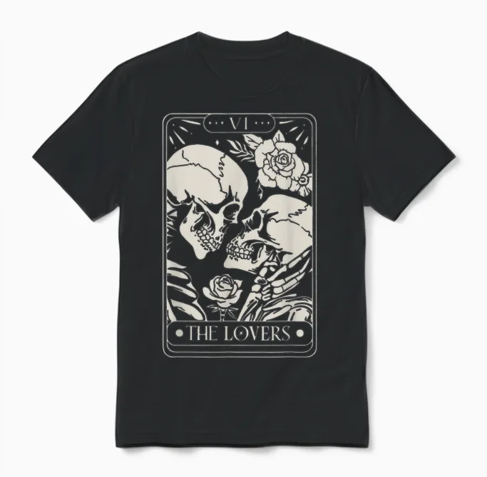 The Lovers Tarot Card Skeletons Kissing in Love Unisex T-Shirt in Black