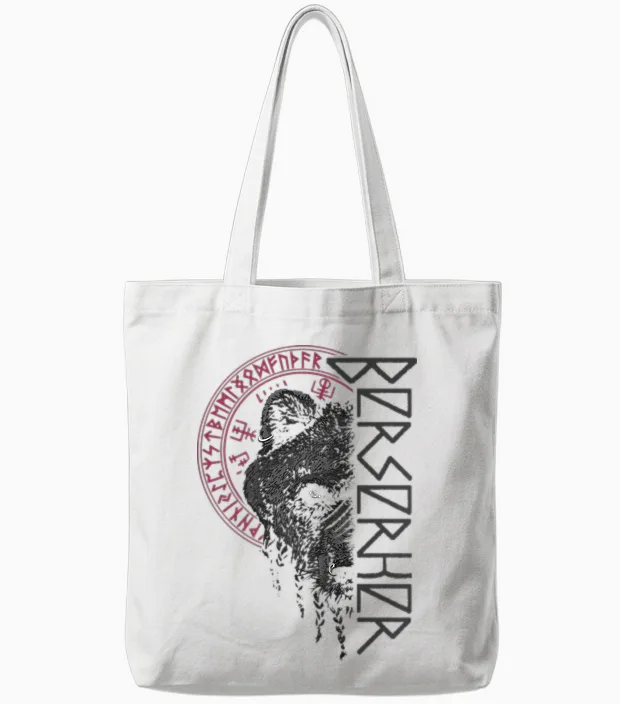 Berserker Bear Warrior Odin Runes Nordic Compass Viking T-Shirt, Black Tote Bags in White