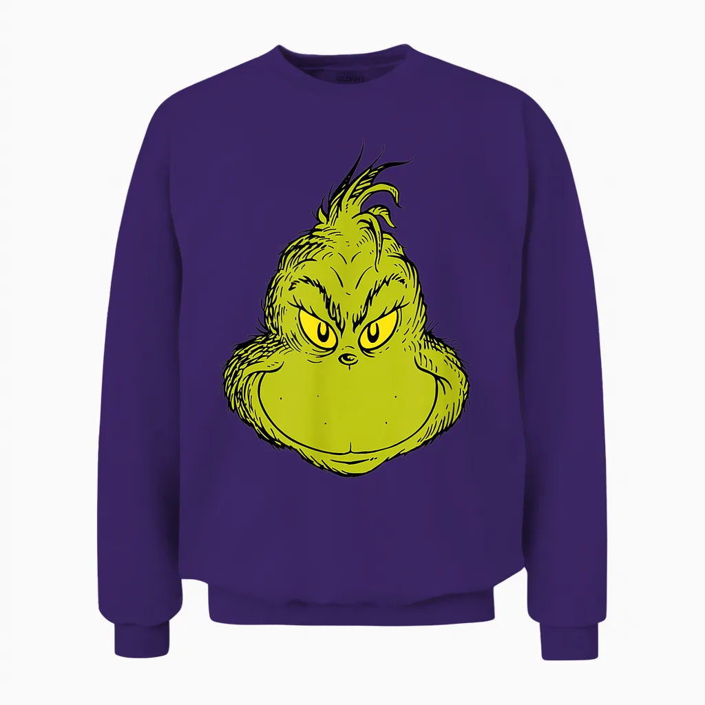 Dr. Seuss Classic Grinch Face Unisex Sweatshirt in Purple