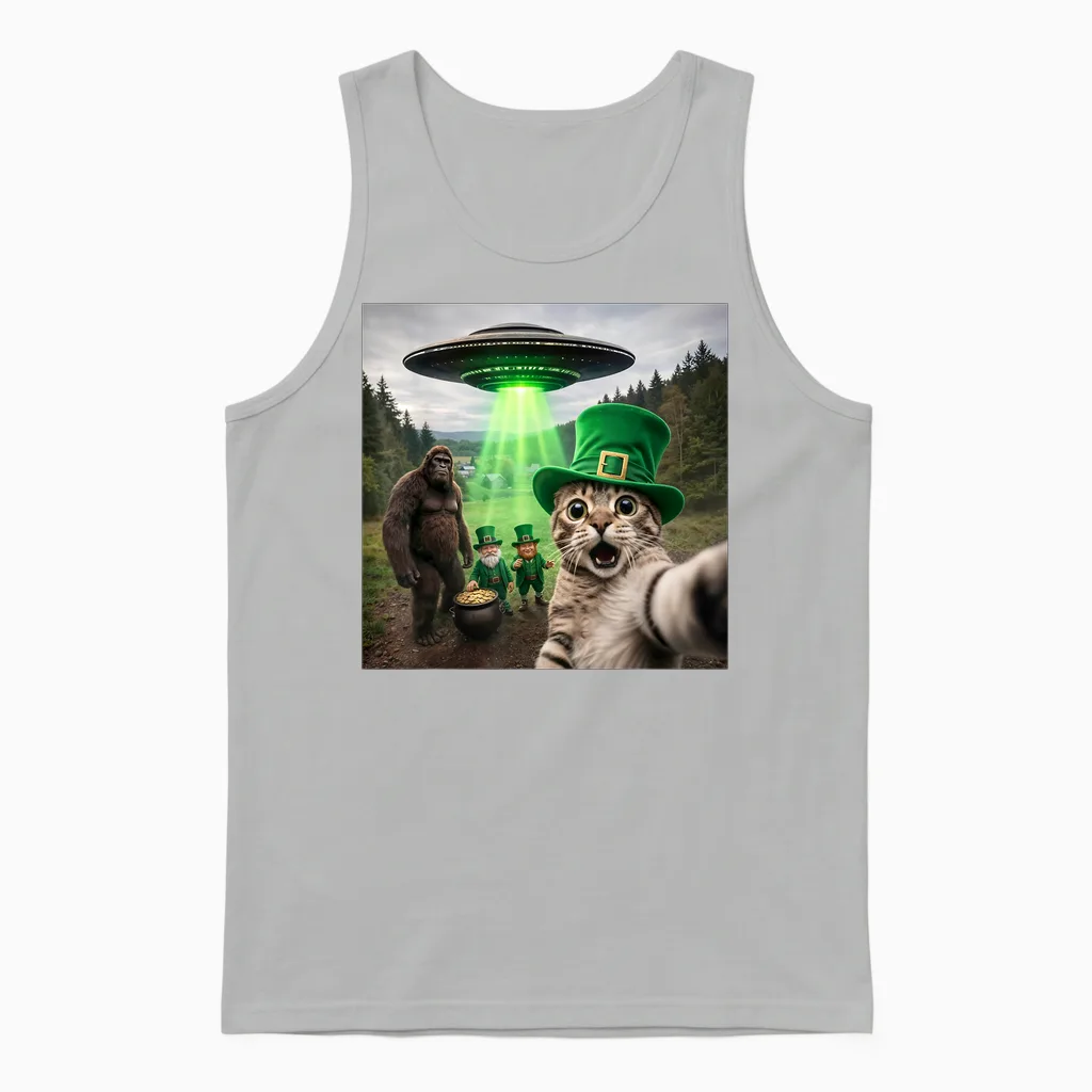 Funny St Patricks Day Cat Selfie with Leprechaun Bigfoot Ufo Unisex Tank Top in Ash