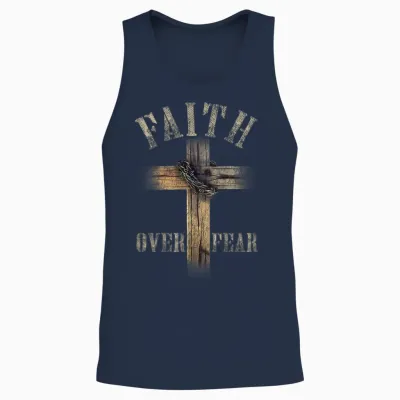 Faith Over Fear American Christian Cross God Jesus (on Back) Unisex Tank Top - Navy
