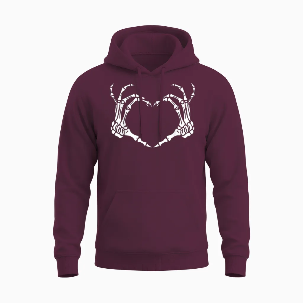 Skeleton Hand Heart Halloween Funny Bones Love Unisex Hoodie in Maroon