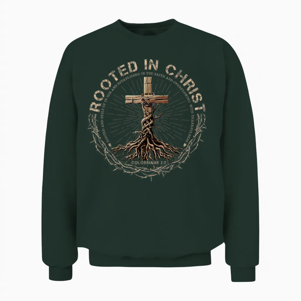 Rooted in Christ Shirt, Jesus Shirts, Christian Cross Unisex Sweatshirt in Forest