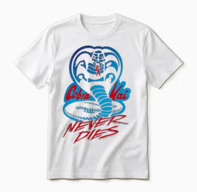 Cobra Kai Never Dies Blue and Red Cobra Logo Tv Show Unisex T-Shirt - White