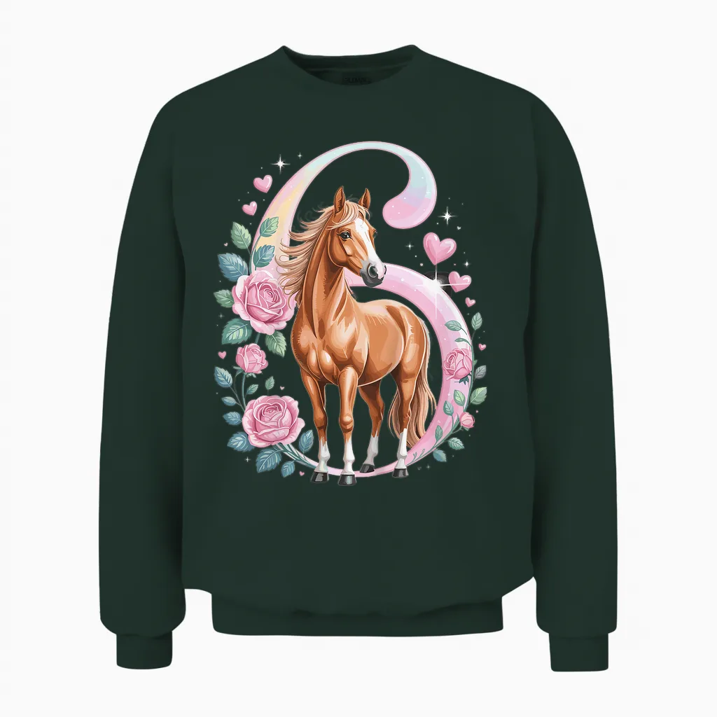 6th Birthday Horse Girl 6 Years Horse Decoration Riding Pony Unisex Sweatshirt in Forest