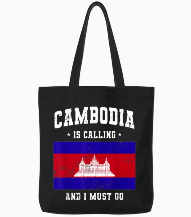 Cambodia Is Calling and I Must Go - Cambodia Travel Clothing T-Shirt, Black, S Tote Bags in Black