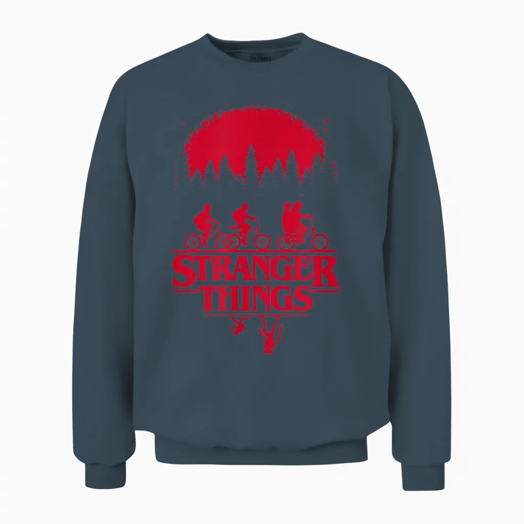 Stranger Things Group Shot Bike Ride Upside Down Silhouette Unisex Sweatshirt in Dark Heather