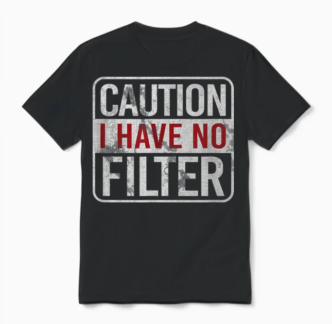 Caution I Have No Filter Funny Sarcastic Humor Short Sleeve Unisex T-Shirt in Black