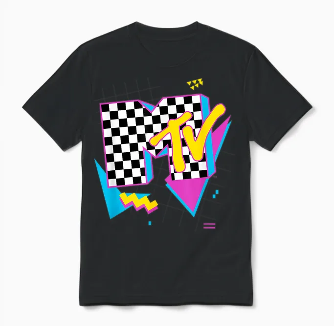 Mtv Retro Checkered Neon Shapes Music Television Unisex T-Shirt in Black