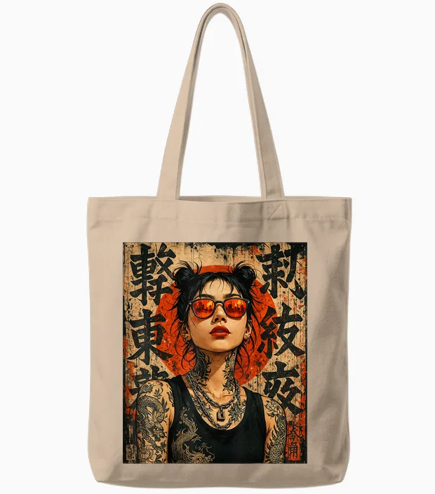 Anime Kawaii Japanese Samurai Geisha Tattoo K-Pop Y2k Manga Tote Bags in Natural