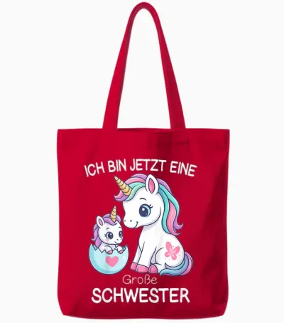 Girls' Unicorn T-Shirt with German Text "ich Bin Jetzt Eine Große Schwester [ Tote Bags - Red