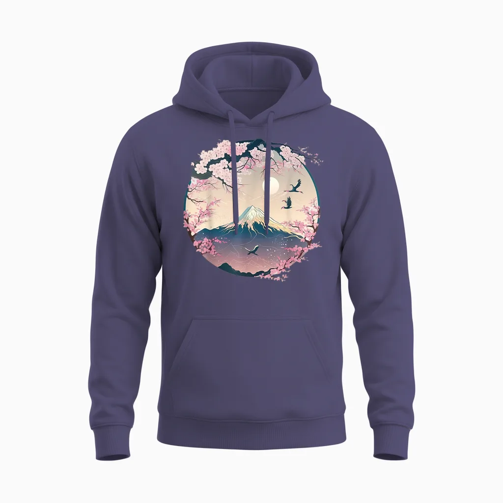 Japanese Sakura Garden Geisha Mount Fuji Cherry Blossom Unisex Hoodie in Heather Sport Dark Navy