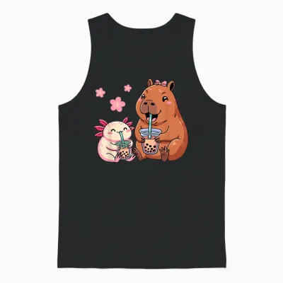 Axolotl and Capybara Drinking Bubble Tea Kawaii Girls' Children's Unisex Tank Top - Black