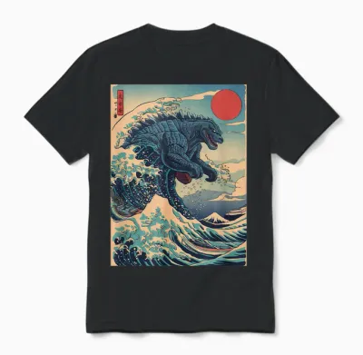 Kaiju Monster Japanese Style Art Great Wave off Kanagawa Unisex T-Shirt - Black