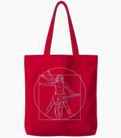 Punk Rock Star Vitruvian Man with Electric Guitar T-Shirt, Black Tote Bags - Red