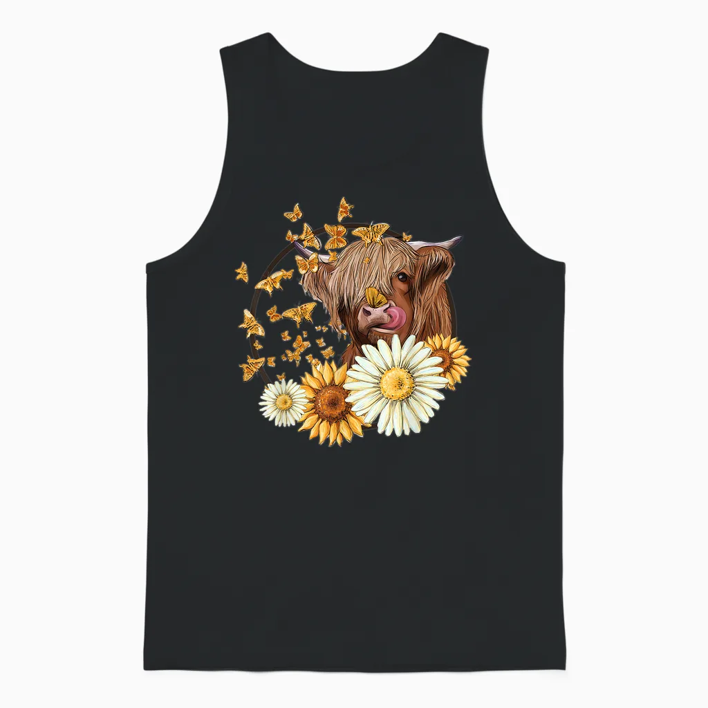 Highland Cow with Sunflower Daisies Butterflies Farm Western Unisex Tank Top in Black