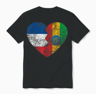 Ethiopian Flag Heart | France Ethiopia Roots Vintage T-Shirt, Black, S Unisex T-Shirt - Black