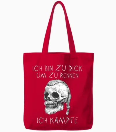 T-Shirt with German Text "ich Bin Zu Dick Ich Kämpfe Böser Alter Mann Viking", Black Tote Bags - Red