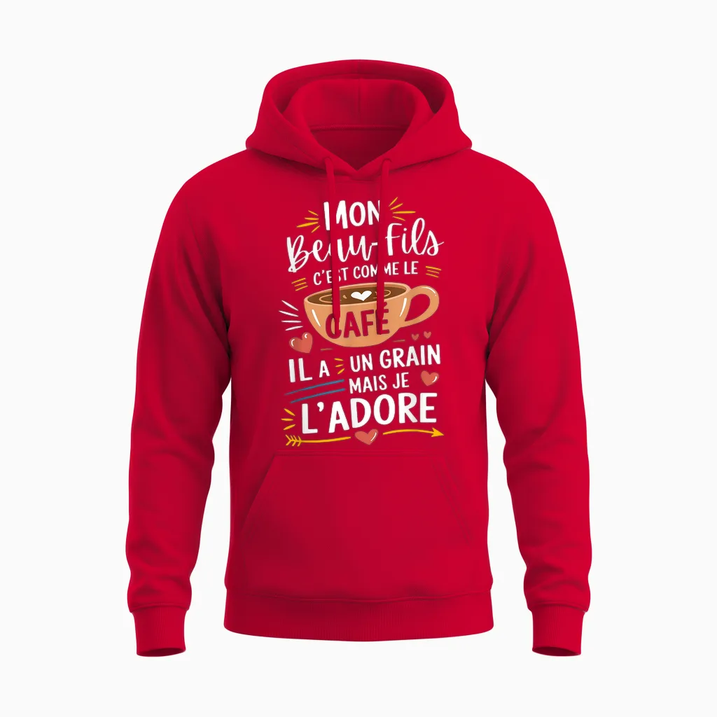 Mon Beau-Fils Comme Le Café – Gift Humour Coffee T-Shirt, Black, S Unisex Hoodie in Red