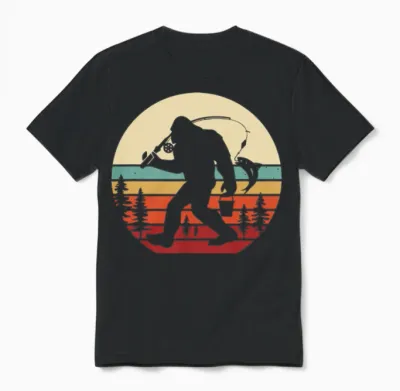 Funny Retro Bigfoot Fishing Unisex T-Shirt - Black
