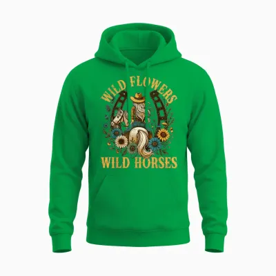 Retro Southern Sunset Cowgirl Wild Flowers - Wild Horses Unisex Hoodie - Irish Green