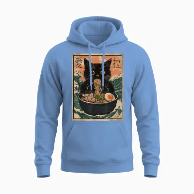 Cat Ramen Japanese Art Great Wave Kanagawa Funny Graphic Unisex Hoodie - Carolina Blue