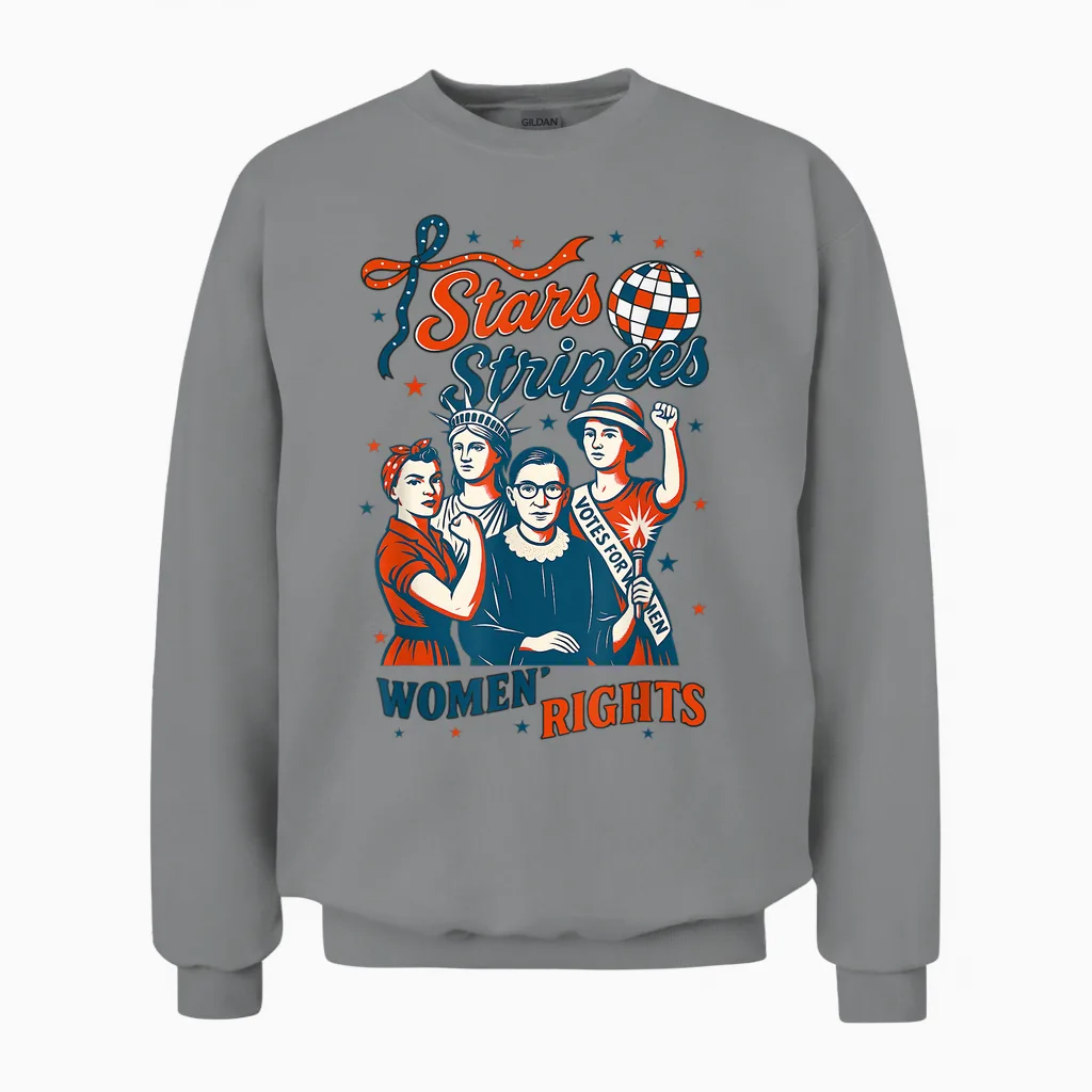 Hugvyn 4th of July Feminist Stars Stripes and Women's Rights Unisex Sweatshirt in Sport Grey