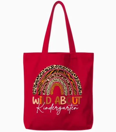 Back to School Wild About Kindergarten Leopard Rainbow Tote Bags - Red