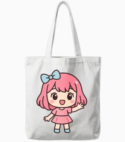 Pink Bow Kawaii Chibi Girl Tote Bags - White