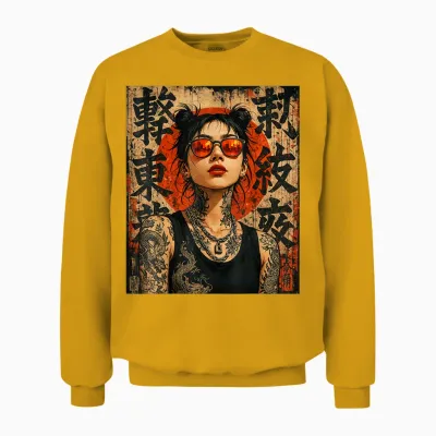Anime Kawaii Japanese Samurai Geisha Tattoo K-Pop Y2k Manga Unisex Sweatshirt - Gold
