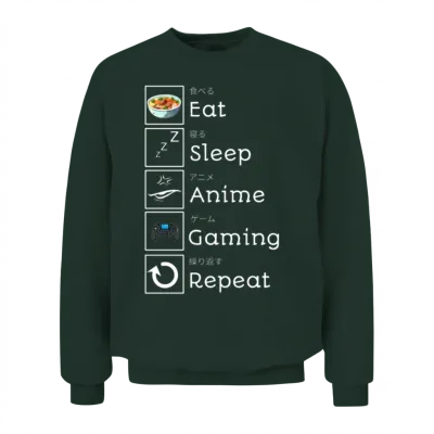 Eat, Sleep, Anime, Gaming, Repeat Unisex Sweatshirt - Forest
