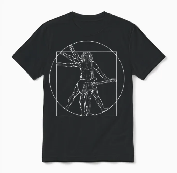 Punk Rock Star Vitruvian Man with Electric Guitar T-Shirt, Black Unisex T-Shirt in Black
