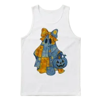 Quilted Ghost with Big Bow and Pumpkin Halloween Unisex Tank Top - White – 1