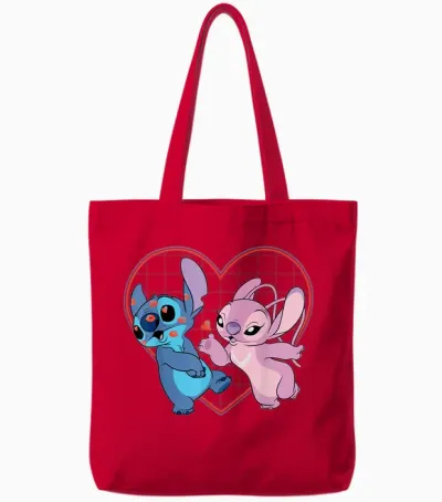 Disney Lilo and Stitch Angel Kisses Love T-Shirt, Black Tote Bags - Red