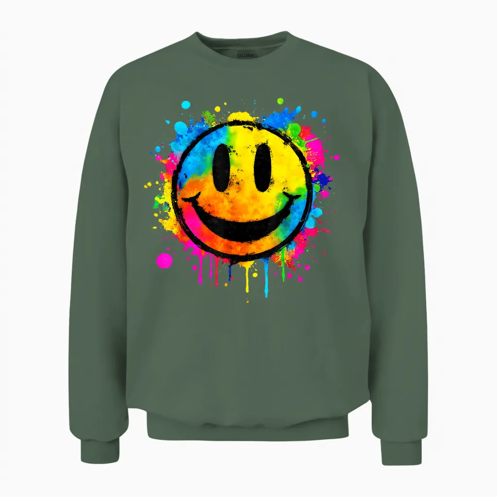 Cute Paint Splash Happy Smile Face 70s Tie Dye Smiling Funny Unisex Sweatshirt in Military Green
