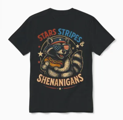 Stars Stripes and Shenanigans Funny Raccoon 4th of July Unisex T-Shirt - Black