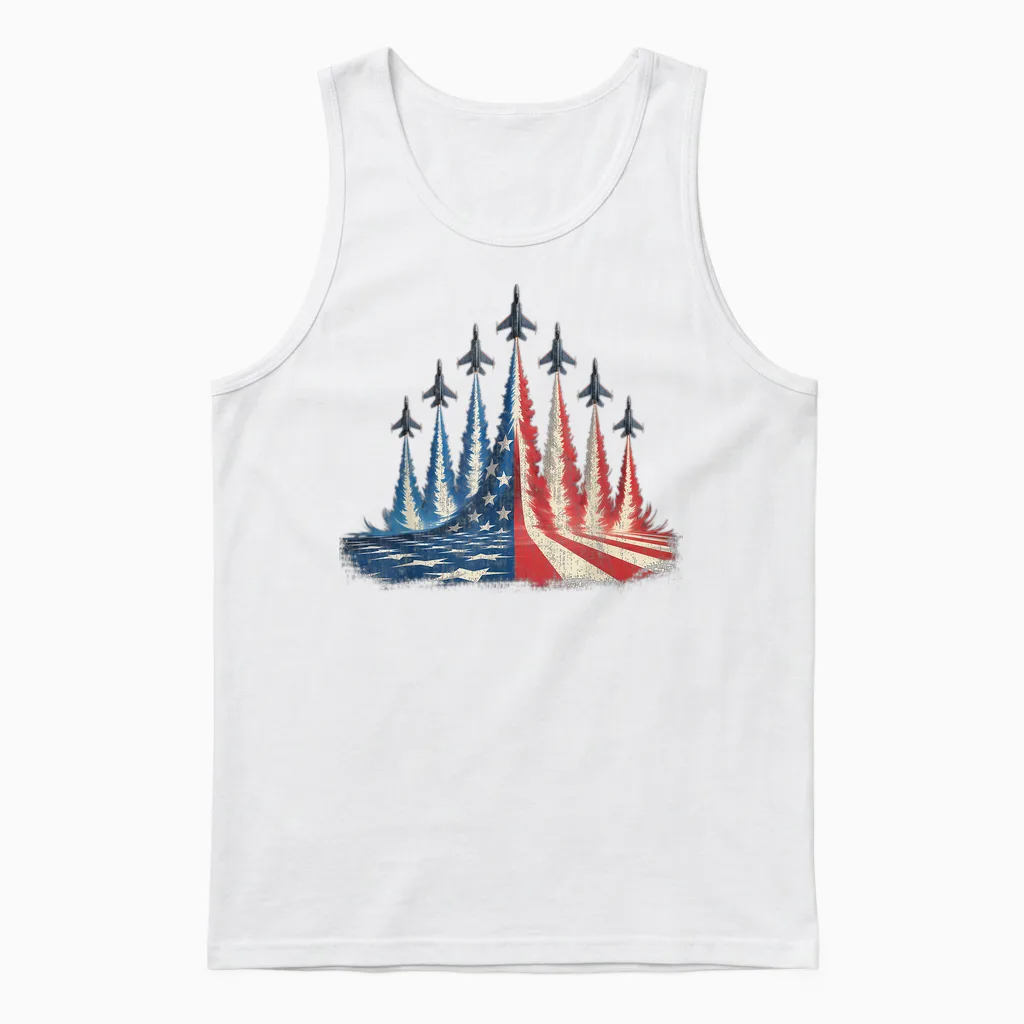 Fighter Jet American Flag 4th of July Unisex Tank Top in White