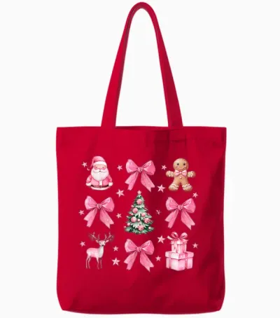Cute Coquette Bow Pink Christmas Tree Santa Gingerbread Xmas Tote Bags - Red