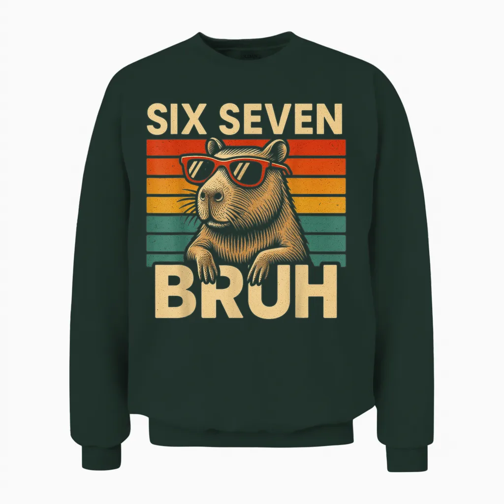 Six Seven Bruh Capybara Retro Vintage Funny 67 Meme Unisex Sweatshirt in Forest