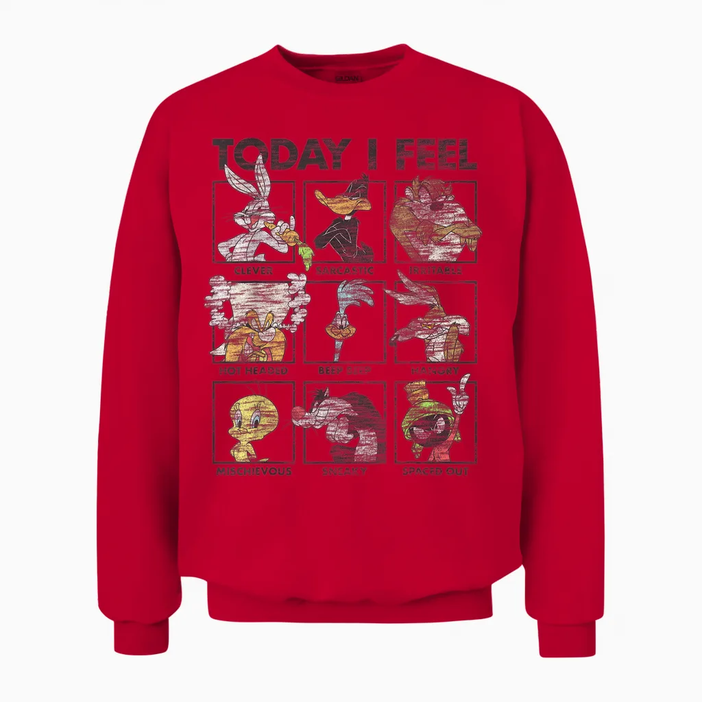 Looney Tunes Today I Feel Distressed Character Box Ups Unisex Sweatshirt in Red