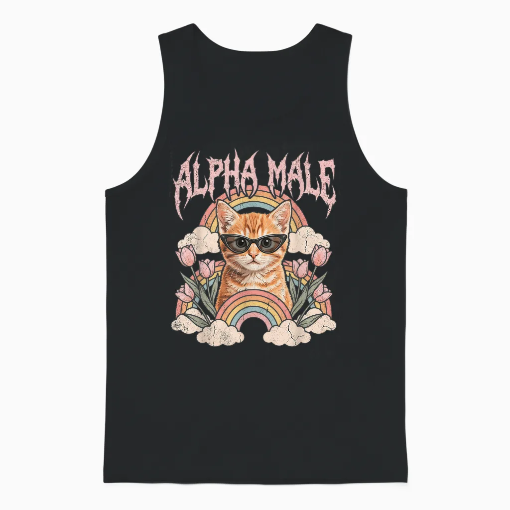 Alpha Mâle T-Shirt Chaton Drôle Chat Arc-En-Ciel Fleurs Unisex Tank Top in Black