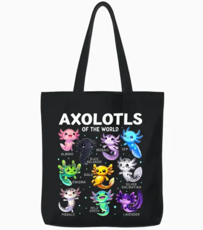 Kawaii Axolotls of the World Graphic Tees Axolotl Animals Tote Bags - Black
