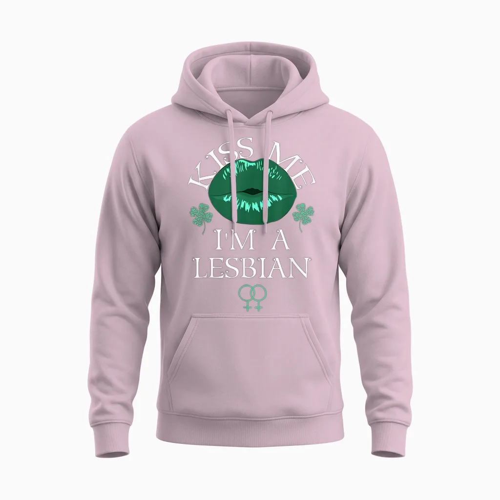 Kiss Me I'm a Lesbian St Patricks Day Green Lips Les Pride Unisex Hoodie in Light Pink
